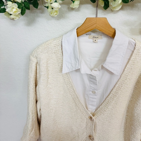 Elan • Cream Knit Cardigan with Attached White Button Up Shirt - Picture 2 of 4